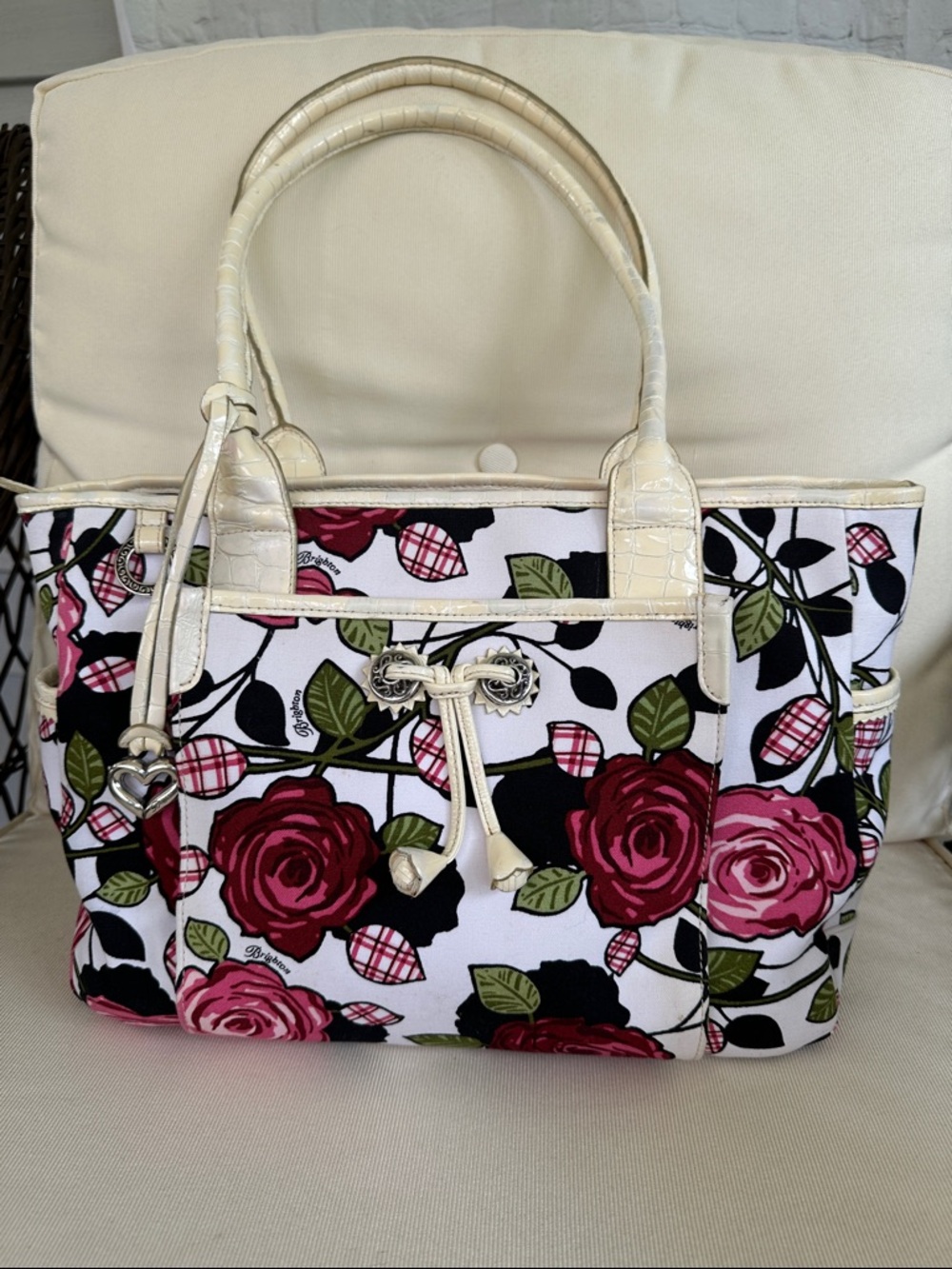 Brighton Floral Canvas and Patent Pebbled  Leather Satchel